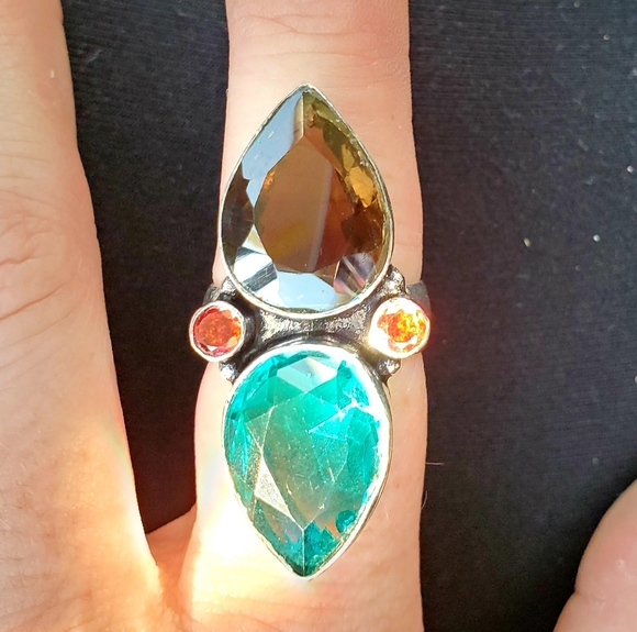 New Stunning Smoky and Green Quartz, Garnet 925 Silver Ring. - Picture 2 of 11